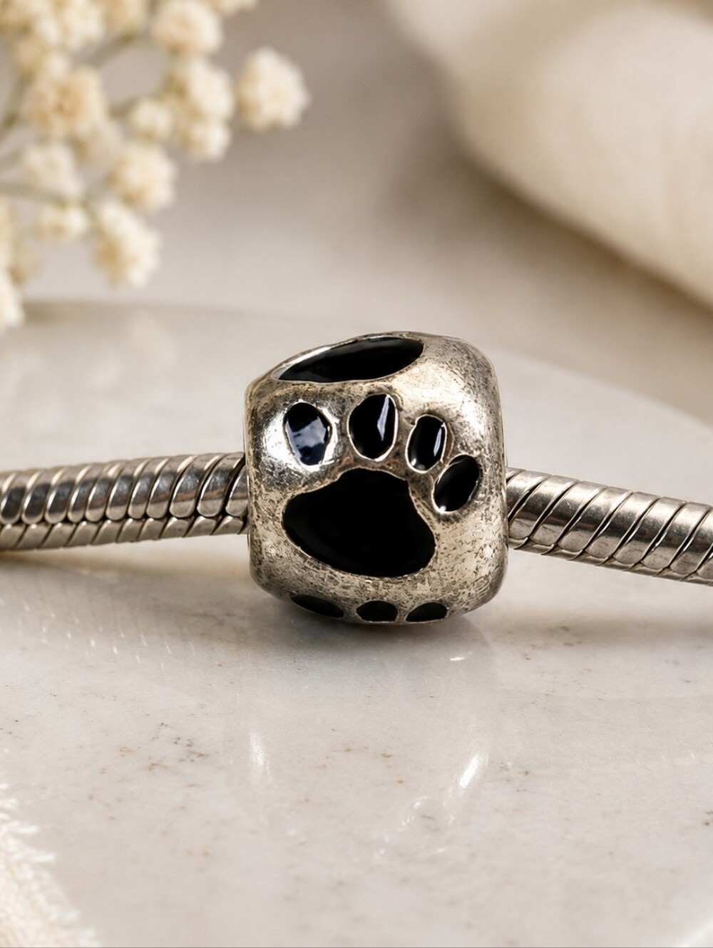 Zable Paw Print Charm 925 Sterling Silver Black Enamel Dog Cat Bead